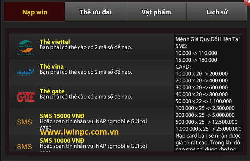 Các bước thực hiện nạp game IWIN